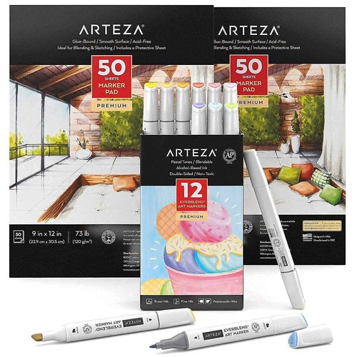 Arteza Marker Paper Pad and Everblend Art Markers Bundle, Drawing Art Supplies for Artist, Hobby Painters & Beginners