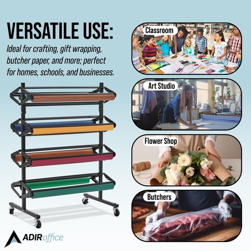 Adir Paper Roll Holder – Craft & Butcher Paper Rack Dispenser Stand and Cutter – Holds up to Eight 36-inch Paper Rolls – Durable and Sturdy Great for Classrooms & Art Paper (Paper Rolls Not Included)