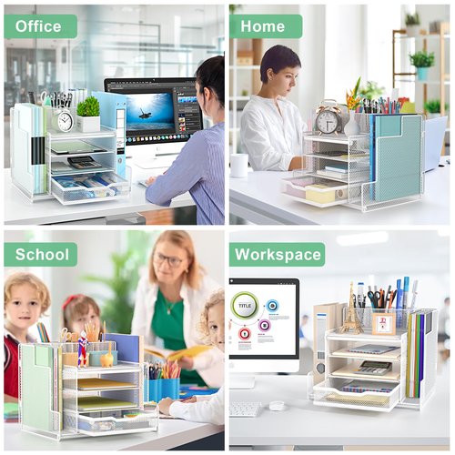 VIVSOL Desk Organizers and Accessories, 4-Tier Office Supplies Desk Organizer with 2-File Organizer with Sliding Drawer, 3 Trays and Large Capacity Pen Holder, Mesh Desk Accessories, White