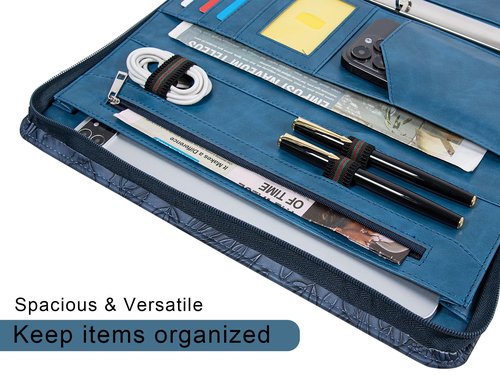 Embossed Padfolio Portfolio PU Leather Binder,3 Ring Binder,with Pad Holder, A4/Letter Size,Phone Pocket, Card Slots and Pen Loops（Dark Blue）