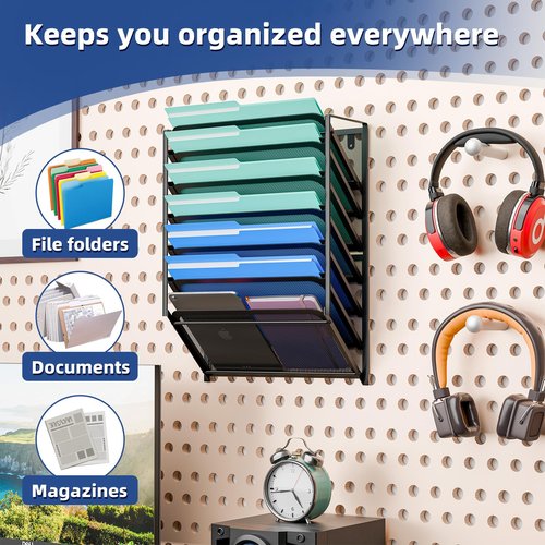 Simple Trending 7-Tier Mesh Wall File Organizer, Hanging Wall Mounted Mail Paper Folder Holder, Clipboard Storage Organization Magazine Rack for Office Home School, Black