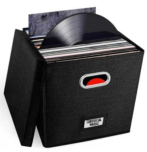 yesogreat Vinyl Record Storage Box with Lid - Holds 100+ LPs, 12.99 Inch Stackable & Collapsible Fabric Organizer Crate Cube for Album Collection, Decorative Storage Bin for Living Shelf, Black
