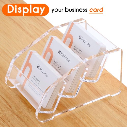 HeZone Acrylic Business Card Holder Display for Women and Men 3 slots 3 Tier ,Clear Cards Stand for Desk -Slots That Tilt Back to Prevent Business cards from(3 Slot-H)