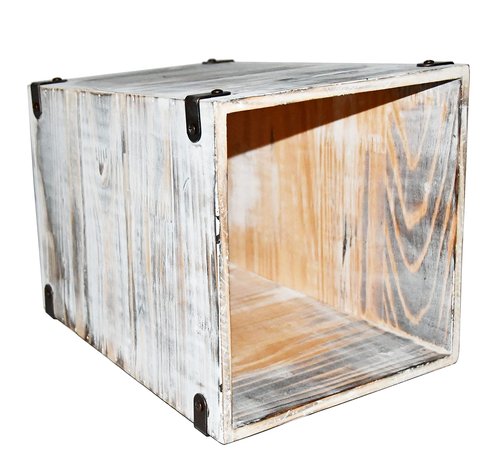 Owlgift Decorative Rustic Whitewashed Wood Trash Can, Farmhouse Stylish Wooden Waste Basket Near Desk, Square Garbage Cans Trashcan with Metal Brackets for Office, Bedroom & Bathroom