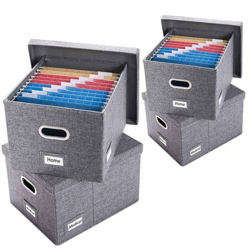 PRANDOM File Organizer Box - Set of 4 Collapsible Decorative Linen Filing Storage Hanging File Folders with Lids Office Cabinet Letter/Legal Size Grey 17.1x14x11.1 inch