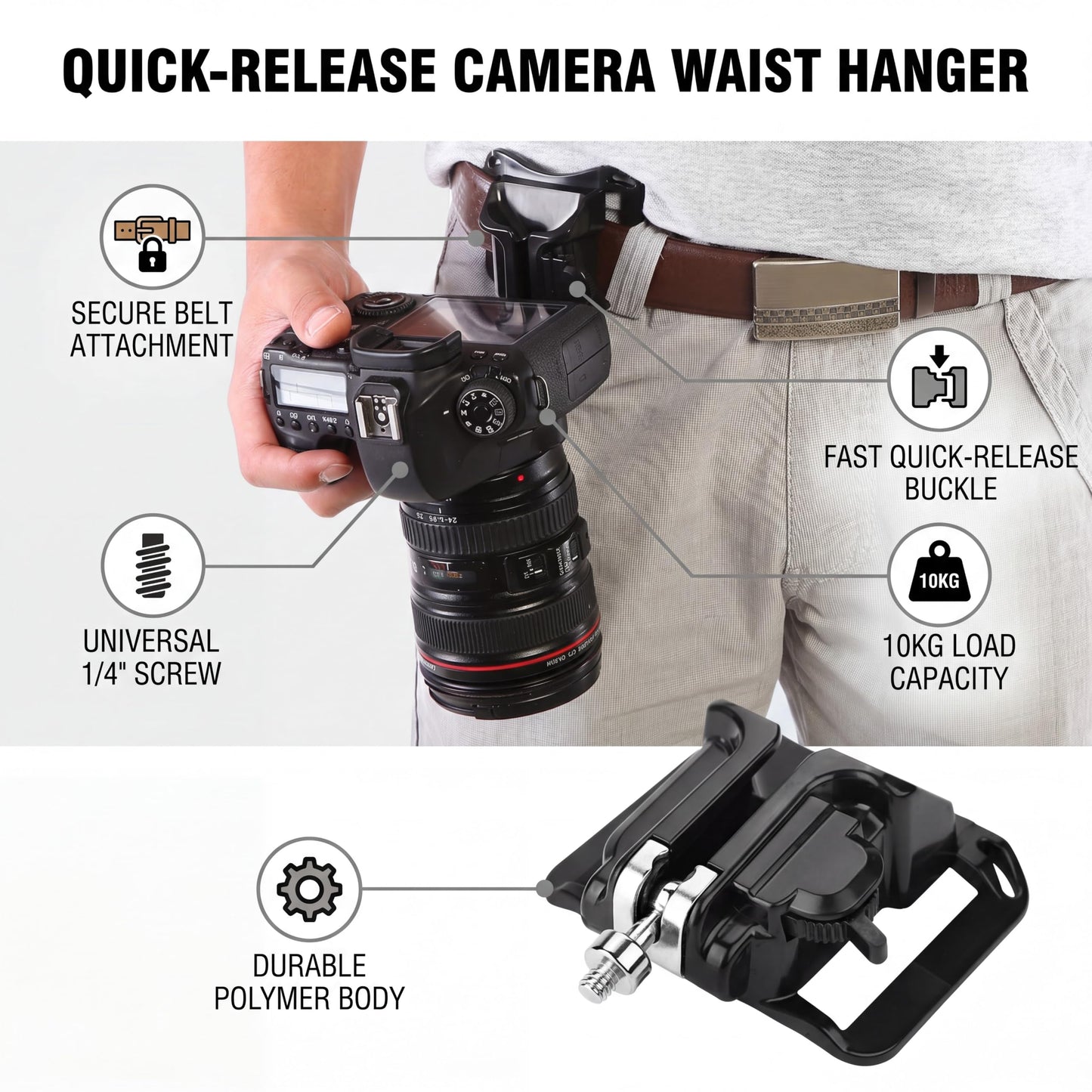POCREATION Camera Waist Belt Holster Holder, 1Pc Camera Hanger 1/4in Screw Mount Quick Release Waist Belt Buckle Holder for DSLR