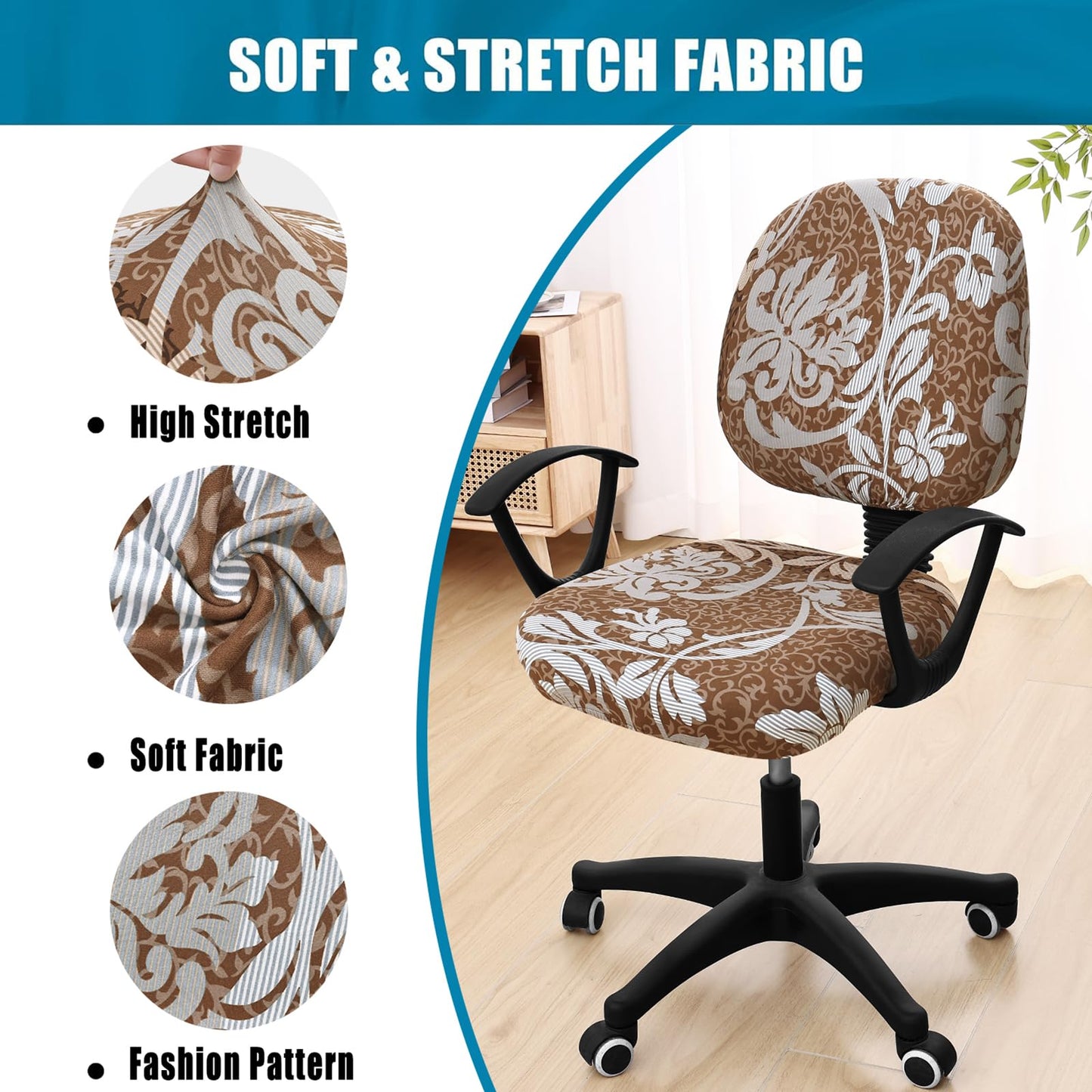 Smiry Stretch Printed Office Computer Chair Covers, Universal Washable Removable Desk Rotating Chair Slipcovers Protector, Seat + Backrest Cover - Brown and Blue