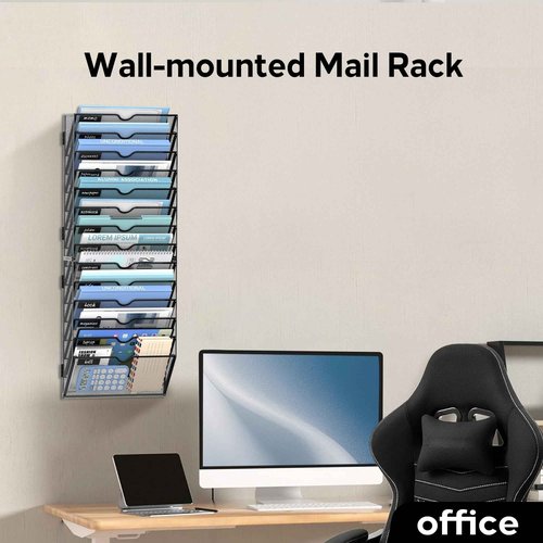 JMHUD 14 Tier Wall Hanging File Organizer, Paper Folder Holder Wall Mounted, Metal Mail Sorter for Office Home School, Black 2 Pack