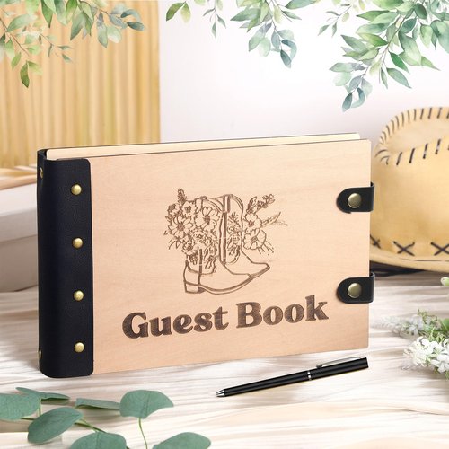 Engrowtic Western Cowboy Wedding Guest Book with Pen Wooden Guestbook Wedding Reception with Leather 7 x 10 Inches Wood Grain Guest Book Signing for Birthday Bridal Shower Baby Shower Decor