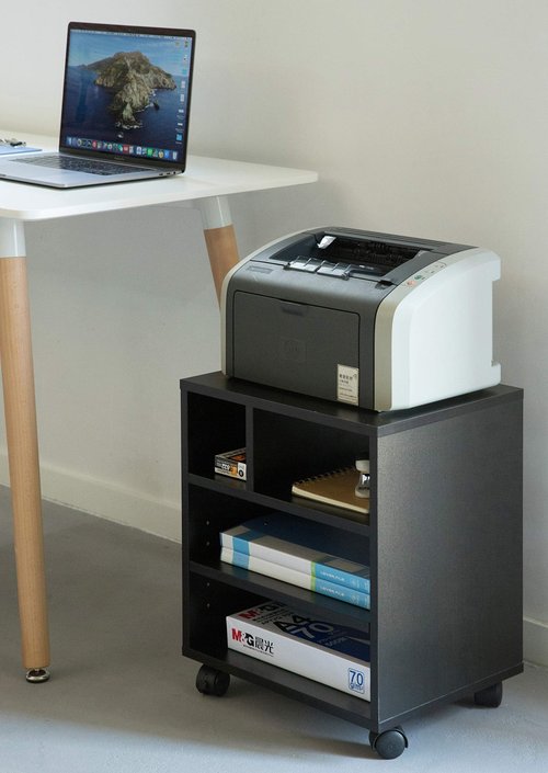 Basicwise Wooden Office Storage Printer Stand with Wheels, Black