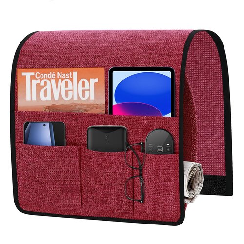Joywell Sofa Armrest Organizer Couch Armchair Caddy Remote Control Holder for Recliner Non Slip TV Remote Caddy with 6 Pocket Storage for Magazine, Tablet, Phone, iPad, Burgundy