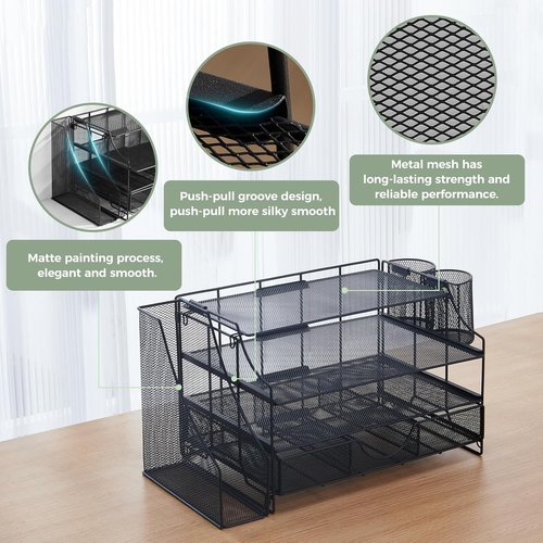 Regine Switzerland 4-Tier Desk Organizer - Mesh Letter Tray with Drawer | Vertical File Holder for Office Supplies