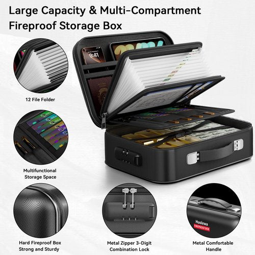 Fireproof Document Box, Hard Case Fireproof Box with Lock, Portable Hard-Shell Fireproof Water Resistant Document Safe for Important Documents, Laptops, Passports, Files and More