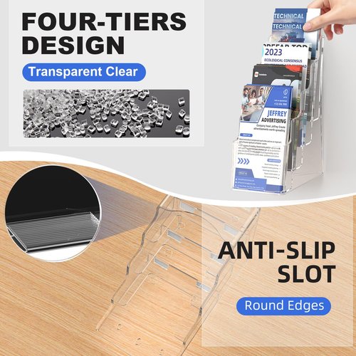 4 Pcs Acrylic Brochure Holder, 4 x9 Inches Flyer Holder, 4 Tier Clear Pamphlet Holder, Magazine Literature Organizer Holder, Brochure Display Stand, for Wall Mount or Desktop Use