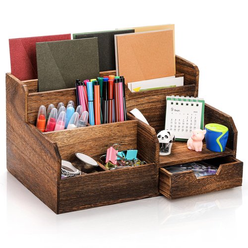 Pumtus Brown Wooden Mail Organizer, Desk Organizer with 7 Compartments and Drawer, Rustic Mail Sorter with Pen Holder, Tabletop Mail Basket, Office Accessories Holder for Pen File Letter Document