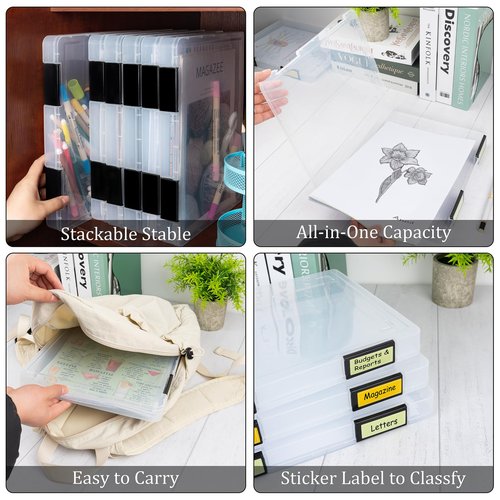 Pechor 6 Pack A4 File Box Paper Organizer Transparent Plastic Box Portable Project Case Documents Document Magazines Storage Holder,with Black Snaps (Inner Size 12.2 x 8.9 x 0.7 in)