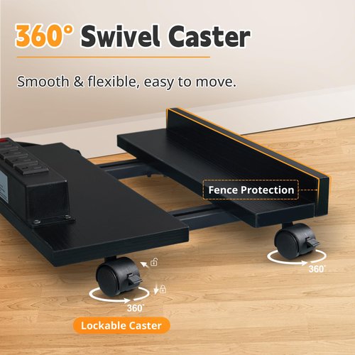 Adjustable PC Tower Stand With Power Strip, Wooden CPU Stand With Locking Casters, Rolling Computer Tower for Desktop, Adjustable Width, Durable Iron Frame for Home and Office