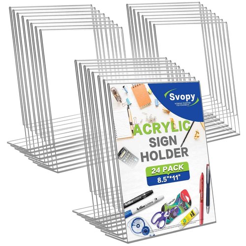 SVOPY Acrylic Sign Stand Holders - 8.5 x 11 Inches Clear Plastic Table Paper Display Stand, Suit for Displaying Posters, Picture, Flyers, Menu - 24 Pack