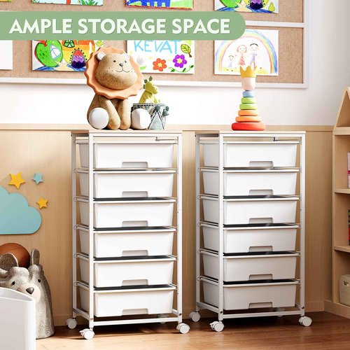 6-Drawer Rolling Storage Cart with Lockable Wheels & Wooden Tabletop, Mobile Utility Organizer Cart for Craft Supplies, Office, Classroom, Bedroom, Living Room, Kids' Room, Gradient White