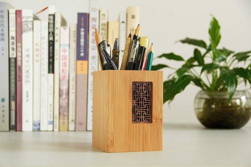 SzBlaze Creative Design Japanese Garden Style Bamboo Wood Desk Pen Pencil Holder Stand for Office School（Style 1）