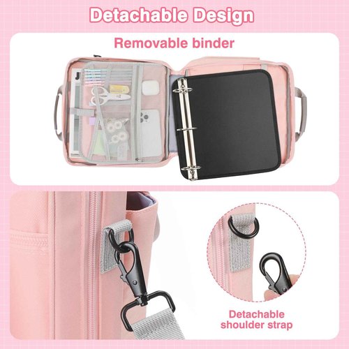 MoKo Zipper Binder Bag, 2 Inch 3 Ring Zipper Binder with Detachable Backpack Strap + Shoulder Strap, 500 Sheets Capacity, Multi-Pocket School Bag Fits 13'' Tablets, 14'' Laptops, Books, Pink