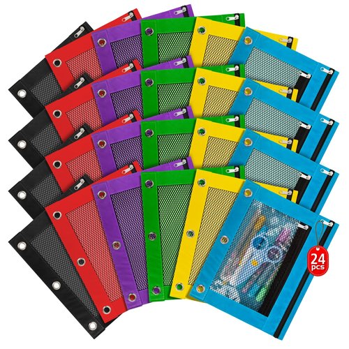 IKAYAS 24 Pack Pencil Pouch for 3 Ring Binder Bulk Binder Pencil Pouch with Zipper, Pencil Pouches Pencil Bags for Classroom Bulk Pencil Box Pencil Case for Storing School Students Teacher Supplies