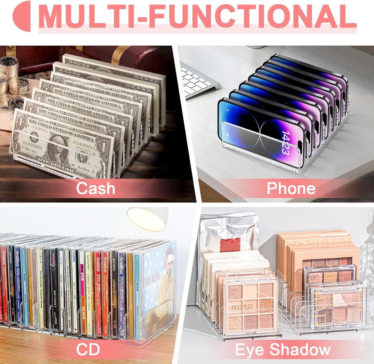Vowcarol Acrylic Mail Organizer - 7 Slot Clear Desktop Cash Tray & File Divider for Bills