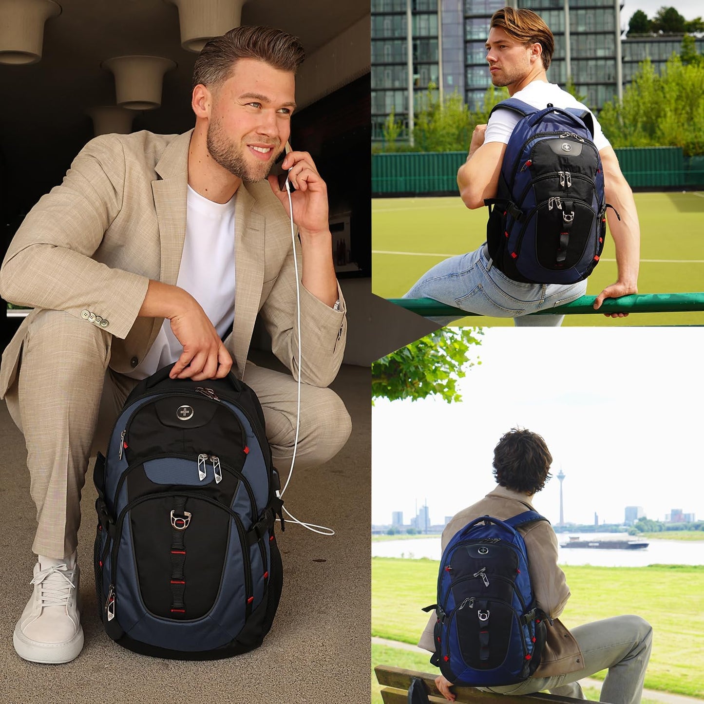Swissdigital Laptop Backpack - USB Charging Port, Fits 15.6" Laptops, 31L Travel Bag for Men, Blue/Black | Water-Repellent SD803-12