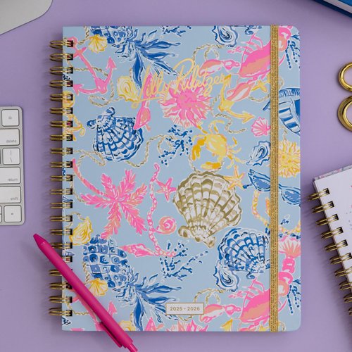 Lilly Pulitzer Jumbo Daily Planner August 2025 - December 2026, Weekly and Monthly Agenda with Stickers, Pockets, and Spiral Binding (Bluette Lil Barefoot Beachcomber)