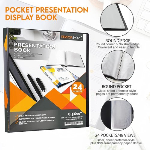 PERFORMORE Presentation Folder - 24 Pocket Display Book with Plastic Sleeves | Black, 48 Pages for 8.5" x 11" Paper