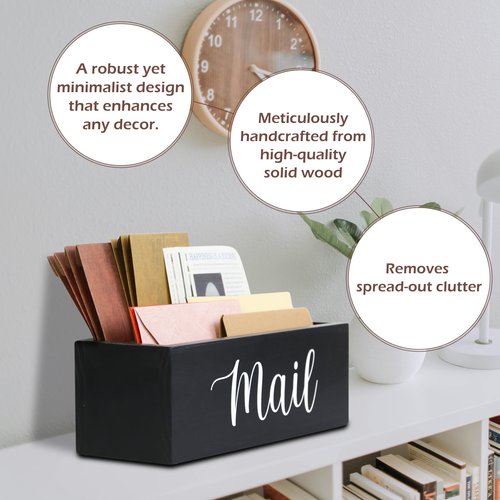 Mail Organizer for Desk or Wall Mount, 2 Compartments Ash Wood Mail Holder Countertop, Mail Basket for Desktop, Kitchen, Home, Wall | Wood Desk Mail Organizer, Black Envelope Holder for Home Office