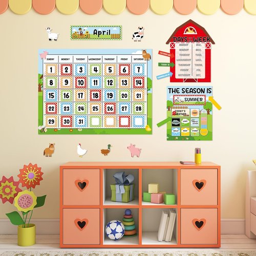 Farm Animal Calendar Bulletin Board Set for Classroom Decoration Farmhouse Calendar Seasons Weather Chart Barnyard Animal CTP Bulletin Board Paper-Cuts for Teachers Elementary School Classroom