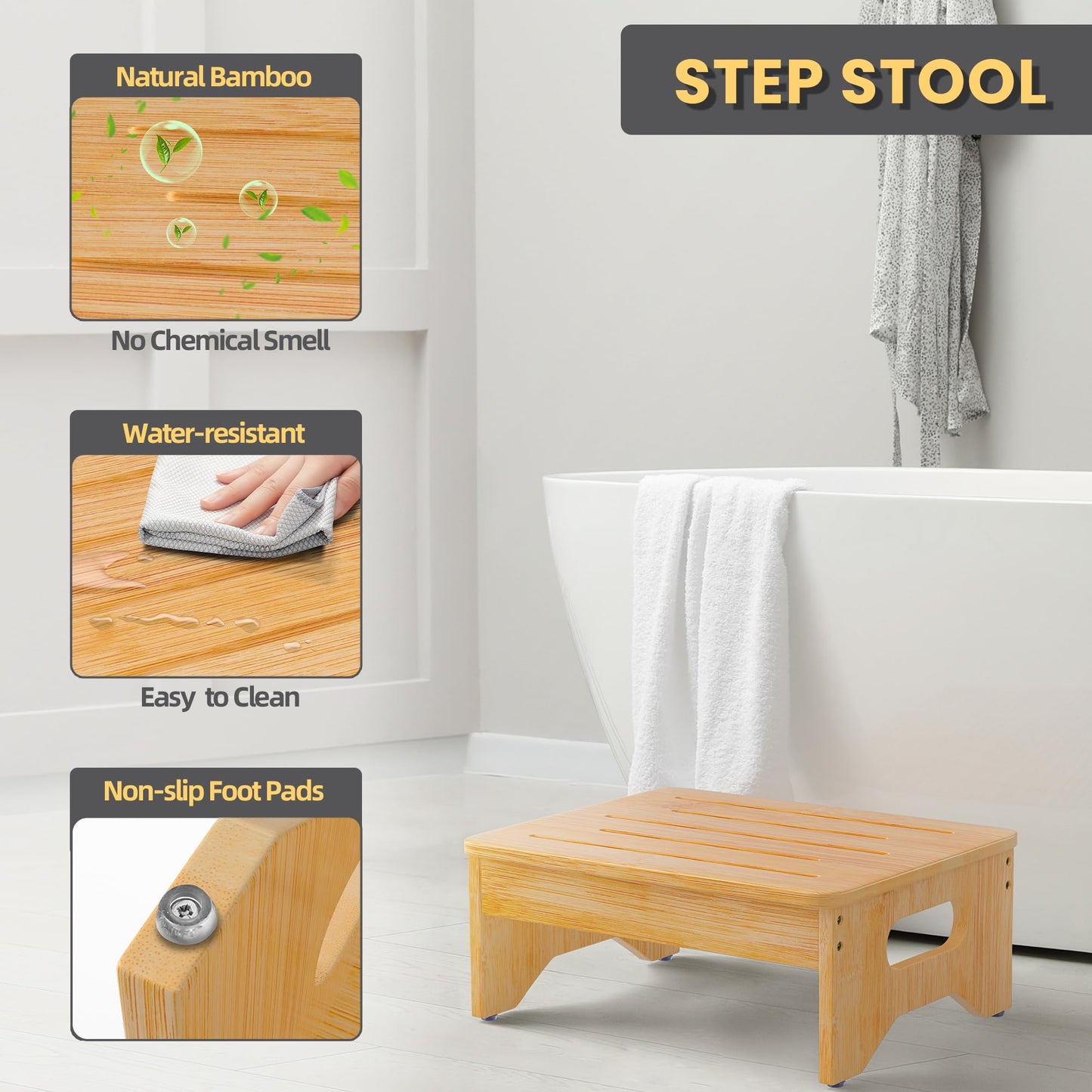 Wooden Step Stool for Adults & Kids, Non-Slip Rubber Feet, 6.5 INCH High, Lightweight Small Step, 450 LBS Capacity, Bed Step Stool for High Bed, Bathroom & Kitchen (Bamboo)