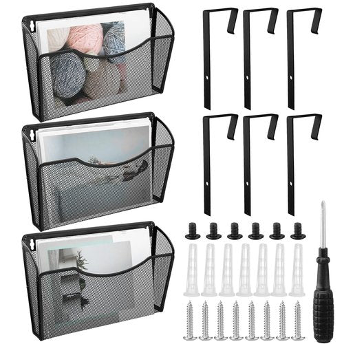 Tenceur 3 Pcs Mesh Letter Wall File Folder Cubicle File Holder Hanging Wall Mounted File Holder 3 Pocket Vertical File Organizer for Office Home Room Storage Basket(13.19 x 12.2 x 3.07 Inch,Black)