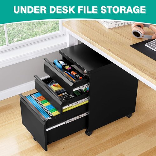 Regine Switzerland 3 Drawer File Cabinet - Lockable Rolling Metal Filing Cabinet in Black | Fits A4/Letter/Legal Files
