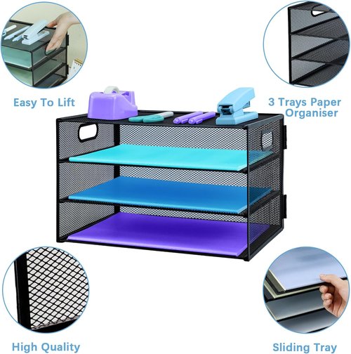 Skiennix 3-Tier Desk Organizer - Pull-Out Mesh File Tray for A4 Paper Storage | Black