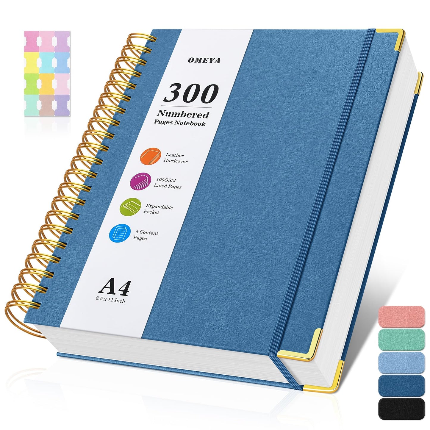 Spiral Notebook 8.5" x 11", 300 Numbered Pages Notebooks College Ruled with Tabs, Hardcover Leather Lined Journal for Women Men, 100GSM Thick Journals for Writing, Large A4 Notebooks for Work School