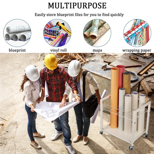 Cathyeen Blueprint Storage Rack and Holder - Metal Cart With Wheels, 12 Slots Roll File Holder for Home, Office, School - Poster and Architectural Storage (White)