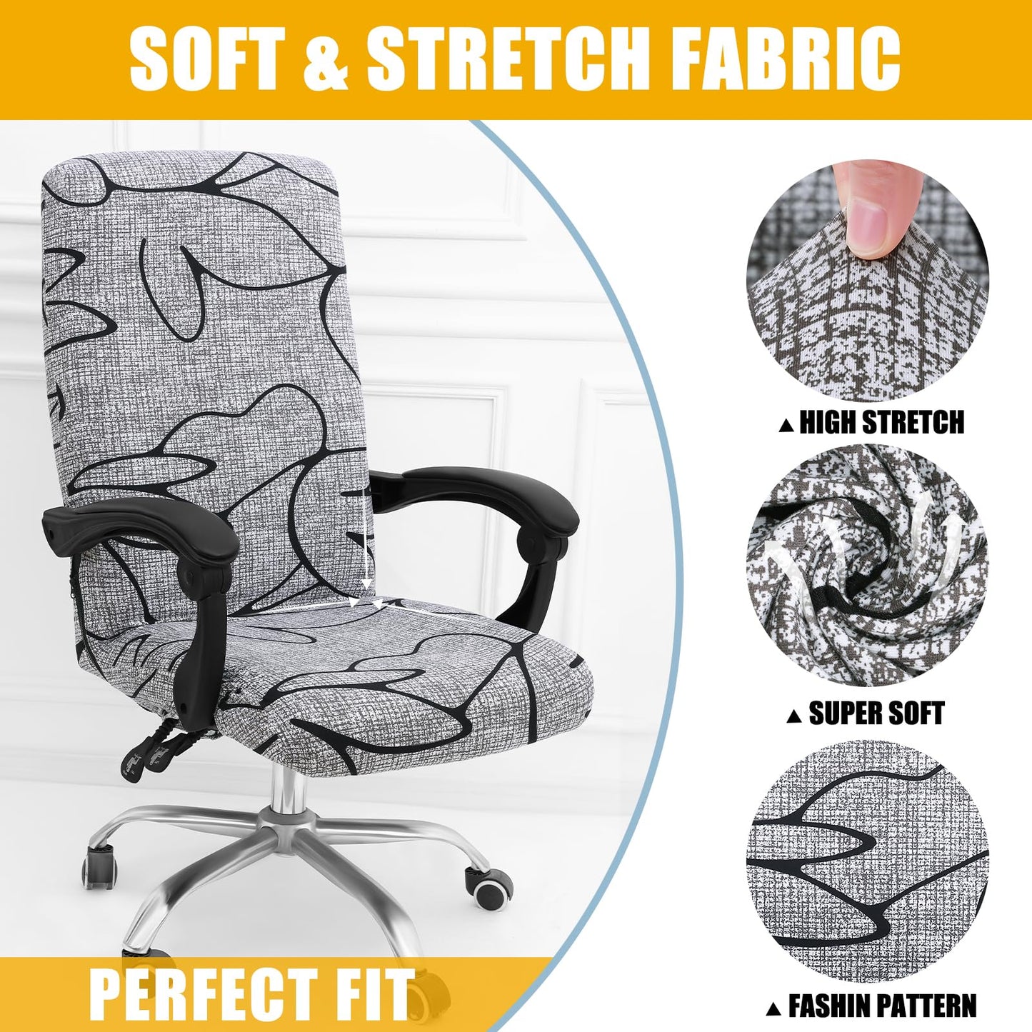 Smiry Stretch Printed Office Computer Chair Covers, Universal Desk Rotating Chair Slipcovers Removable Washable, Soft Fit Anti-Dust Spandex Protector Cover with Zipper, Grey and Black