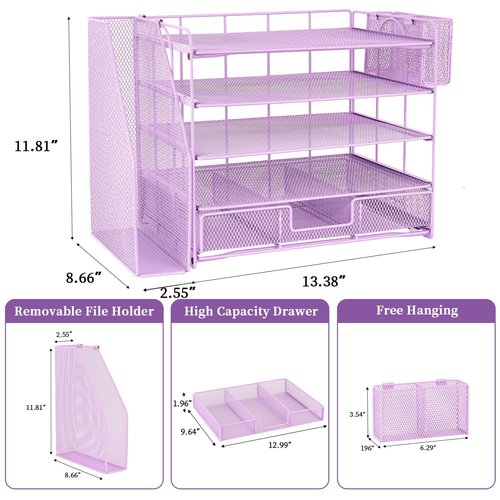 Gugsey Desk Organizer with File Holder, 5-tier Paper Letter Tray File Organizer with Drawer and Pen Holder, Metal Classroom Organization Office Accessories for School Office Supplies(Purple)