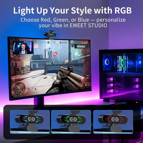 EMEET C60E 4K Dual-Camera Webcam - Wide-Angle & Telephoto, 11X Hybrid Zoom, RGB Lighting, 2 Mics
