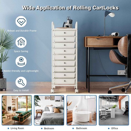 Shrivee 9-Tier Utility Cart with 9 Drawers, Rolling Utility Cart with 2 Lockable Caster Wheels, Multipurpose Mobile Rolling Storage Drawer Cart for Office Bathroom Kitchen, Ivory White