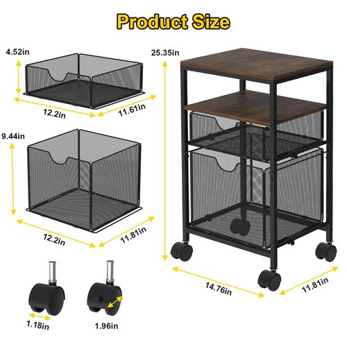 BOHDK Rolling File Cart with 2 Storage Drawers, Wood & Mesh Hanging File Folder Organizer with Wheels Under Desk, File Cabinets for Home Office, 14.7" L x 11.8" D x 25.3" H