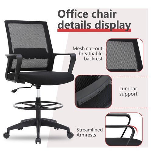 Drafting Chair Tall Office Chair Adjustable Swivel Rolling Mesh Height with Lumbar Support Arms Footrest Mid Back for Adults Standing Desk Drafting Stool (Black)