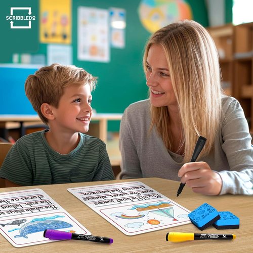 Scribbledo 10 Pack Double Sided Whiteboards 9”x12” Story Lined Dry Erase Boards for Kids Writing Board Practice Drawing Small White Board Teacher Elementary Kindergarten Preschool + Erasers
