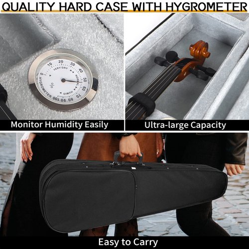 Kmise, 4 Solid Wood Fiddle for Adults, Beginners Students Kids, Hard Case with Hygrometer,Violin Bow,Shoulder Rest, Rosin,Extra Strings (3/4)
