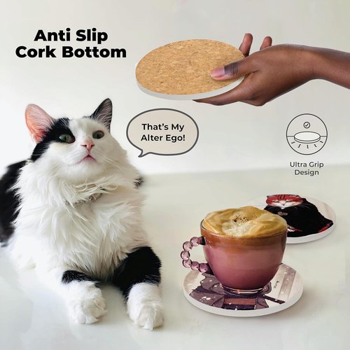 Ninja Cat Coasters - Anime Cat Decor Set of 6 - Perfect Gifts for Cat Lovers with Holder