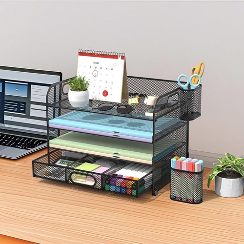 ZXZOFCA Desk Organizer and Accessories，4-tier Paper Letter Tray Organizer, Desk File Organizer with Drawers and 2 Pen Holders for School and Home Office Supplies (black)