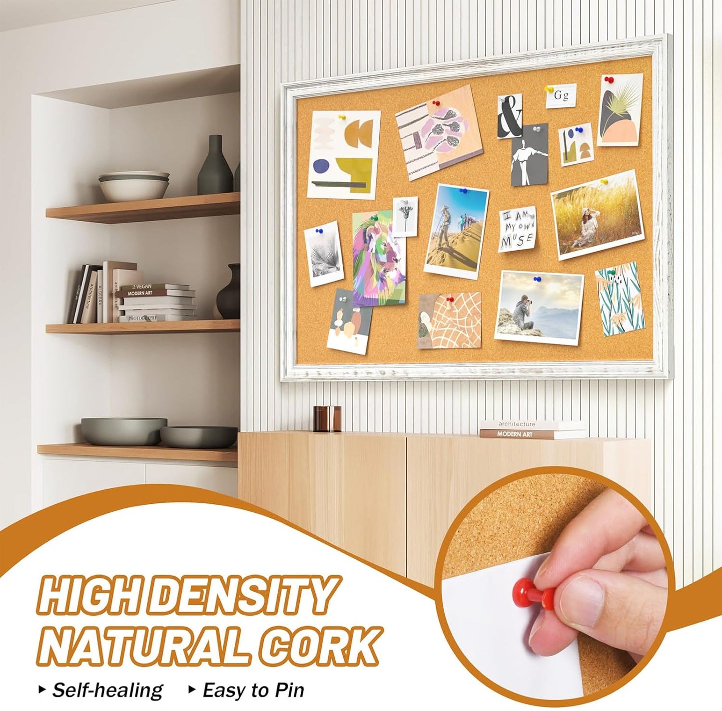 White Cork Board - 36 x 24 Inch Decorative Bulletin Board with Rustic Wooden Frame for Home & Office