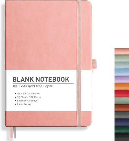 RETTACY A5 Blank Journal Notebook - Leather Hardcover, 192 Pages, 100 GSM Thick Paper | Pink for Sketching & Drawing